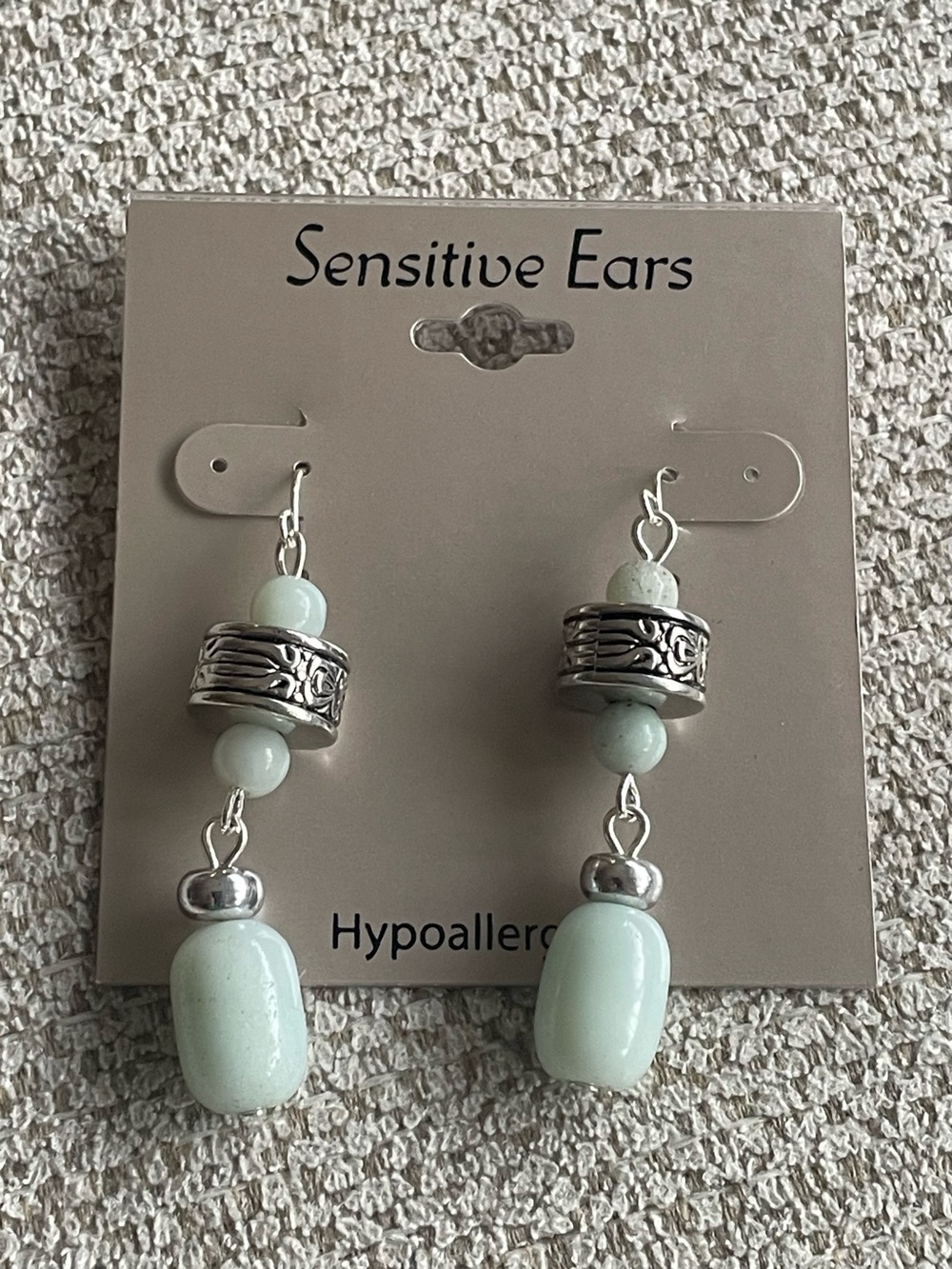 Light Green Bead Drop Earrings with Silver Accents